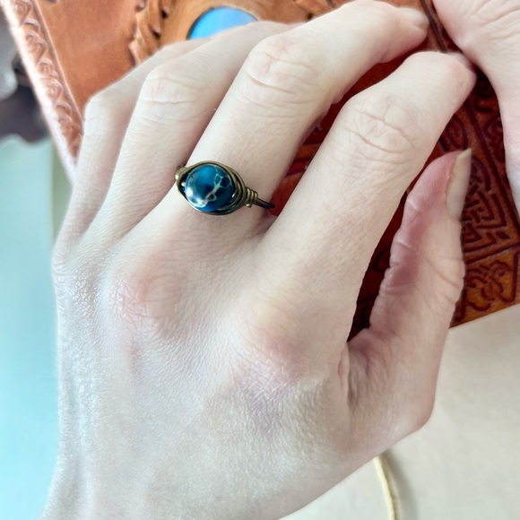 Blue Jasper Bead Copper Wire Ring - Picture 2 of 9